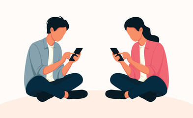 Illustration of two young people using mobile phone sitting on the floor.