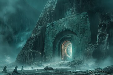 Ancient Monolithic Portal in Mystical Rainstorm - obrazy, fototapety, plakaty