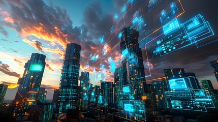 High Tech Buildings at Sunset with Cityscape Networks, To showcase the intersection of technology and urban development in a visually appealing - obrazy, fototapety, plakaty