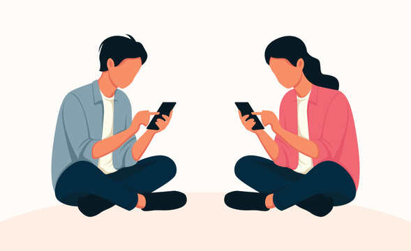 Illustration of two young people using mobile phone sitting on the floor.