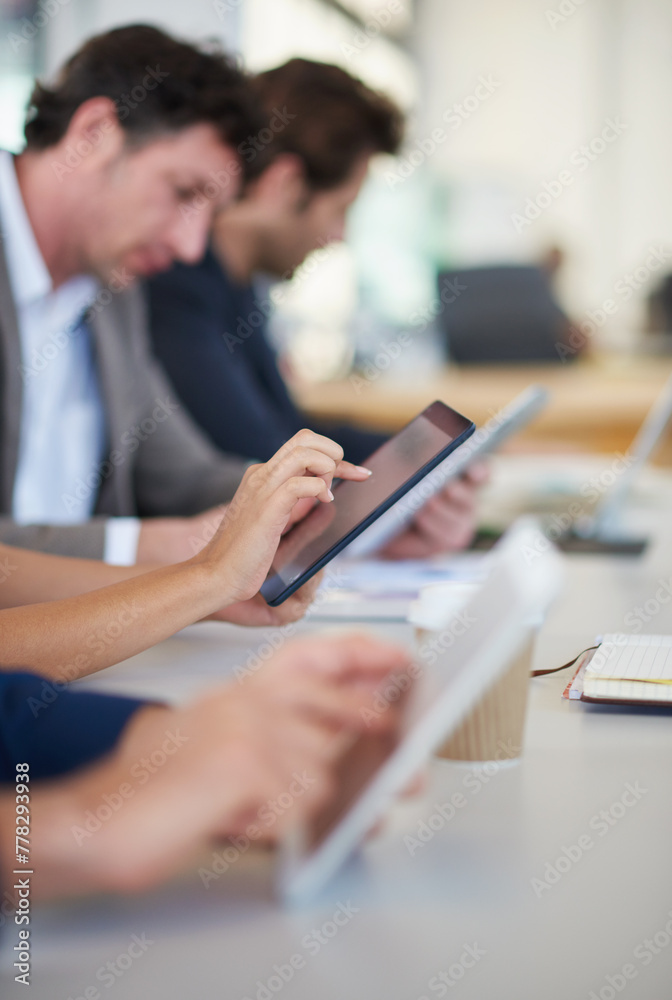 Poster hands, tablet and business people in meeting for research, internet browsing or networking in office