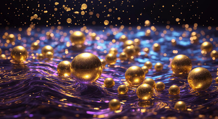Abstract background with purple liquid and golden spheres - obrazy, fototapety, plakaty