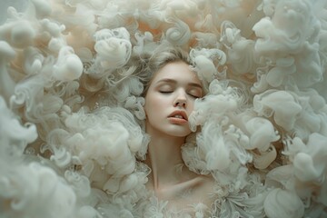 Fototapeta premium Dreamy Woman Submerged in Creamy Swirls