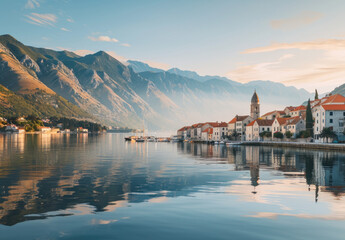 The picturesque town of Perast on the coast, with its historic buildings and colorful architecture, is set against the backdrop of majestic mountains during sunset