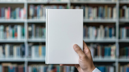 A man's hand holds a book with a blank white cover against the background of a blurred library or bookstore. Mockup, template. Day of Knowledge. World Book and Copyright Day