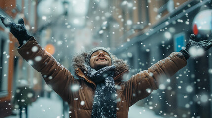 A man in winter clothing stands with arms outstretched, smiling as he enjoys the snow falling around him.