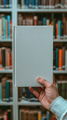 A man's hand holds a book with a blank white cover against the background of a blurred library or bookstore. Mockup, template. Day of Knowledge. World Book and Copyright Day