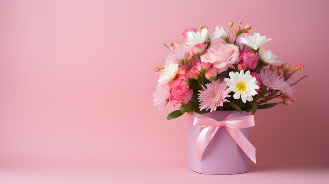 Pink background with a box with a bouquet of flowers for Mother's Day, birthday. Place for text