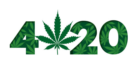 420 Weed Day International Holiday greeting card, banner, poster. Four twenty numbers made from marijuana cannabis leaves isolated on white background. Vector illustration