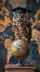 Owl in graduation hat, atop globe, vintage map background, world of knowledge, explorer theme , clip art, 8K , high-resolution, ultra HD,up32K HD