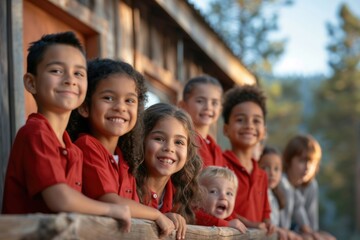 Fototapeta premium Portrait of a joyful child: a memory of a summer camp where children enjoy relaxing and playing, reflected in the portrait of a little traveler radiating happiness and fun.