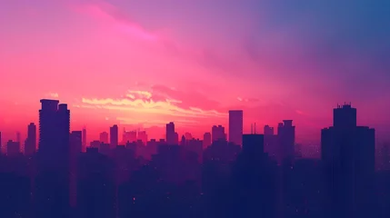 Gordijnen Pink and Purple Sci-Fi Cityscape at Sunset, To provide a visually striking and futuristic cityscape image that can be used for a variety of purposes © JubkaJoy