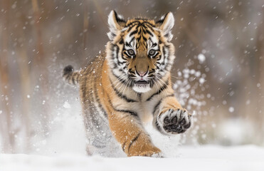 Fototapeta na wymiar A tiger cub running in the snow
