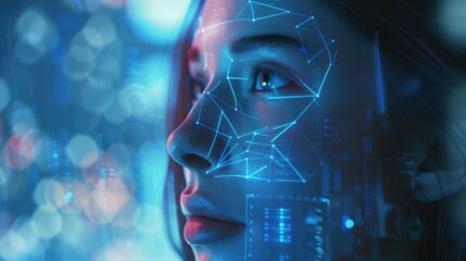 Woman with Facial Recognition Interface, Close-up of a woman's face overlaid with a glowing blue facial recognition pattern, symbolizing biometric technology and identity verification