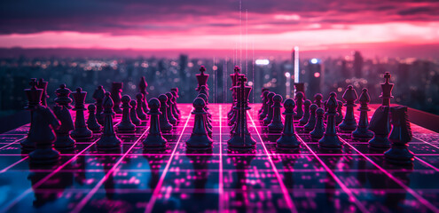 Chess pieces placed on a board with a background of sky and city lights, abstract image showing the use of intelligence and strategy.