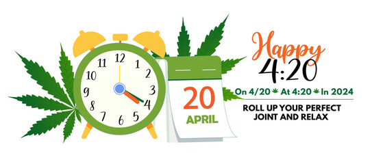 Weed day, 420 concept. Alarm clock showing time 4 20, time to smoke marijuana. Four twenty cannabis day. Design for banner, poster, greeting card