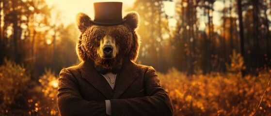 Bear in classic formal, holding top hat, forest clearing, golden hour, majestic presence , clip art, 8K , high-resolution, ultra HD,up32K HD - obrazy, fototapety, plakaty