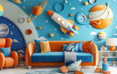 A child's bedroom with space themed wallpaper featuring planets and rocket ships on the walls, a blue bed frame and an orange chair.