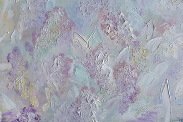 White lilac blossoming background. Gentle pastel color painting. Original decorative artwork.