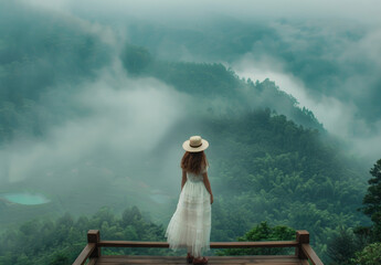 A woman in a white dress and hat standing on a wooden bridge, overlooking the misty forest landscape from a high altitude, with a panoramic view of mountains.