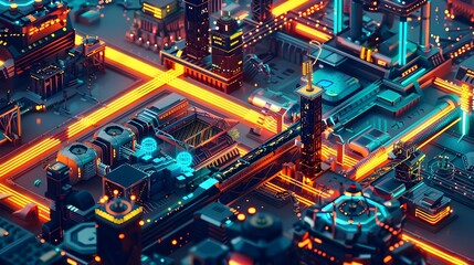 Futuristic City with Vibrant Neon Lights, Futuristic 3D City Illustration with Industrial Machinery Aesthetics, Concept art for a science fiction film or video game showcasing 