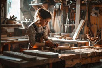 Fototapeta na wymiar Woman handsome carpenter working with wood in workshop.