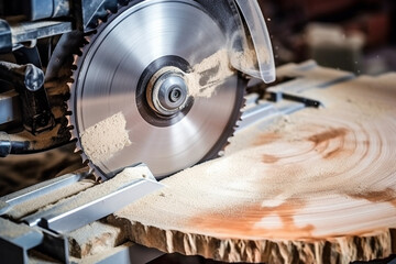 Silver circular saw cuts a wooden block in a carpenter workshop.