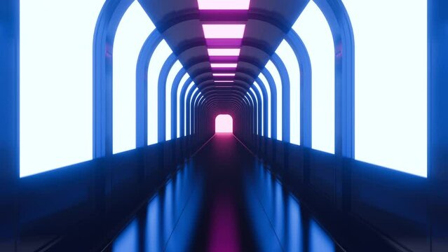 Set futuristic empty black tunnel with bright neon light various form. 3d seamless loop animation. Abstract futuristic square, triangle and round corridor .