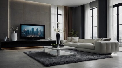 living room interior,A modern living room with a flat-screen TV mounted on the wall. The room features a large window, a white couch, a rug, and a table. The TV is on, displaying.
