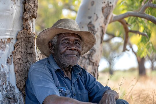 An elder native Australian man wearing hat sit under a tree