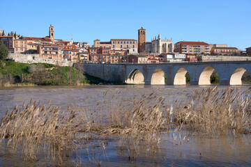 panoramic city scape of city of Tordesillas at the banks of River Duero Castillion e Leon, Spain,...