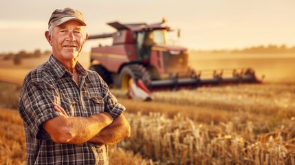 Cheerful senior farmer with arms crossed in golden wheat field during harvest.