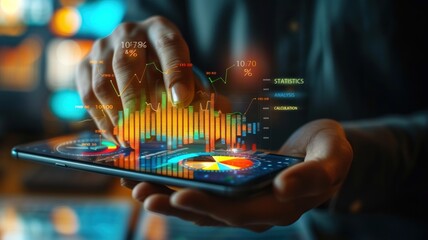 Fingertip touching mobile screen with statistics and graphs.