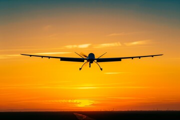 Fototapeta na wymiar Airplane soaring in a vibrant sunset sky