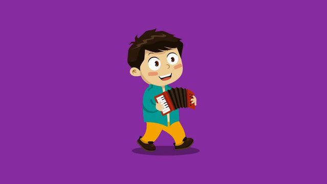Boy walking with accordion. Animation of music parade cartoon character
