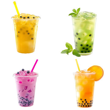 set of summer drinks bubble tea on trasparent background