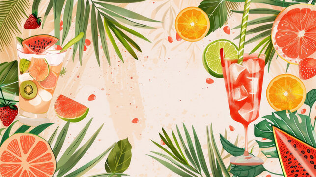 Fruit cocktail and tropical leaves on a pastel background, a summer banner template for menu design or advertising card with a drink bar party illustration vector