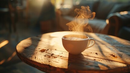 Morning coffee on rustic table - obrazy, fototapety, plakaty