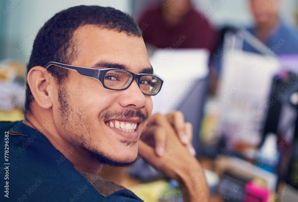 Aufkleber Programmer, man and portrait in office for creative web development, programming or information technology. Business coding, worker or online designer in glasses for planning and startup project