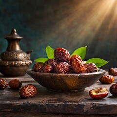 Dried date palm fruit on a wooden plate Generative AI