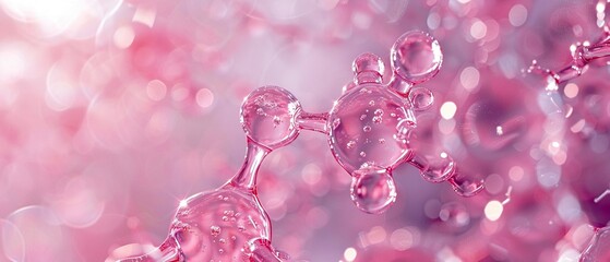 Caffeine molecule, closeup under soft pink light, dreamy modern hues, detailed bonds