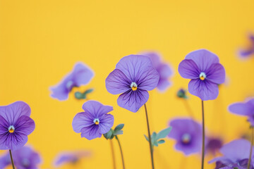 Vibrant purple pansies contrast beautifully against a sunny yellow background, with ample copy space