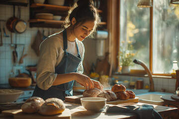 A young woman baking bread in the kitchen in the morning, The kitchen has a bright atmosphere with a natural wooden interior - obrazy, fototapety, plakaty
