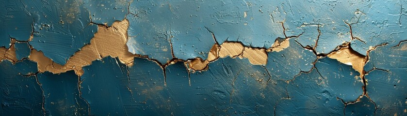 Gold fissures in blue sky, structured lines, high view, metallic sheen, contemporary graphic style - obrazy, fototapety, plakaty