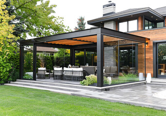 In this picture trendy sunloungers and overhang with trendy garden furniture.