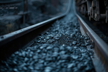 Close Up of Train Track with Gravel on Side, Transportation Infrastructure Detail in Urban Setting