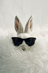 Cool white rabbit posing on fluffy rug with stylish sunglasses on white background