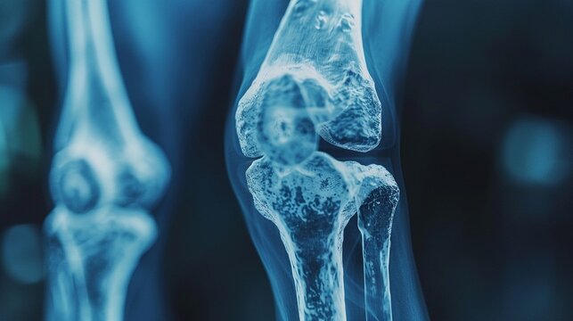 Osteoporosis in knee joint Xray, soft focus background, bone density loss, detailed diagnosis