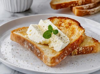 Toast with fresh cheese. Caribbean traditional breakfast snack.