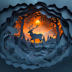 Paper cut black deer in the forest at sunset